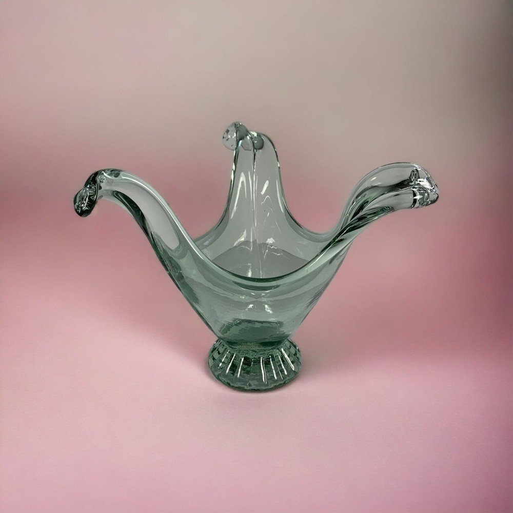 Hand Blown Glass Art Decorative Bowl Clear & Light Green Vase Candle Holder